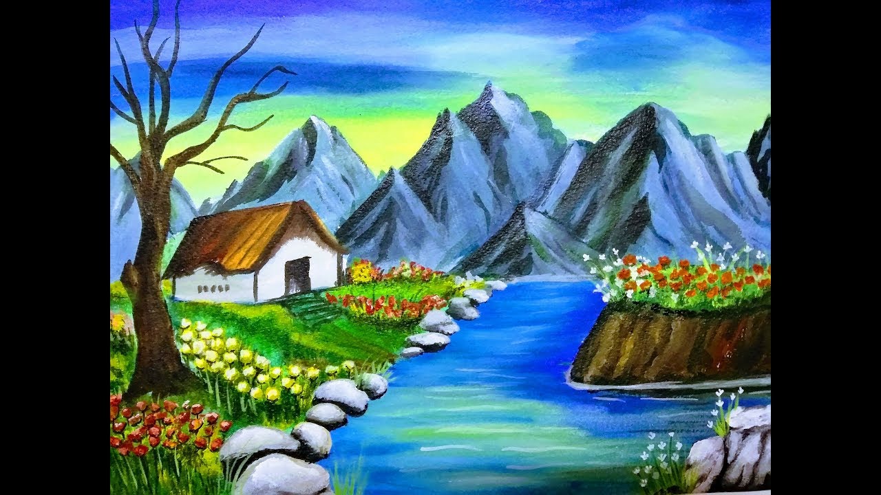 scenery nature paint painting acrylic mountain beginners artwork pencil colours a4