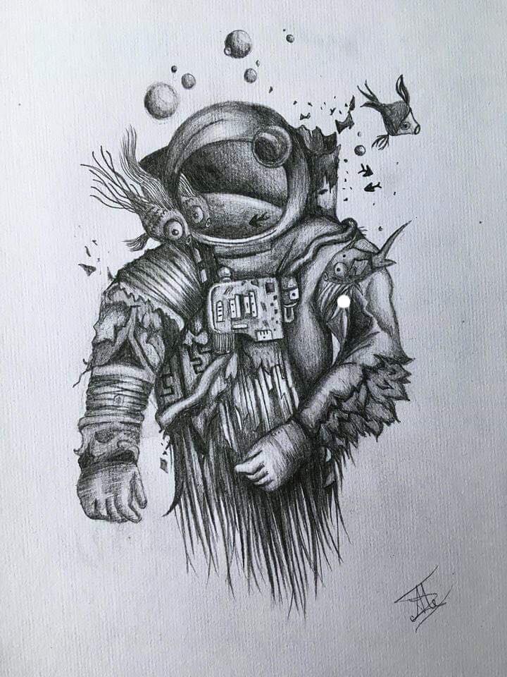 Spaceman Fantasy Art Pencil Drawing High Quality Signed A4 Print